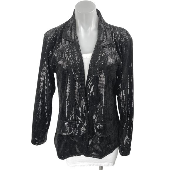 NEW Anna Kaci Black Sequin Sparkly Long Sleeve Button Blazer Coat Jacket Size M - Picture 1 of 6